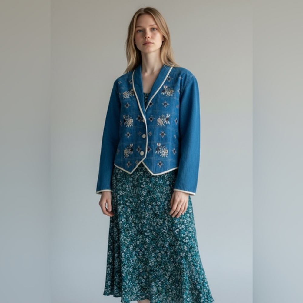 Vintage Embroidered Blue Denim Jacket with White Piping Size XL